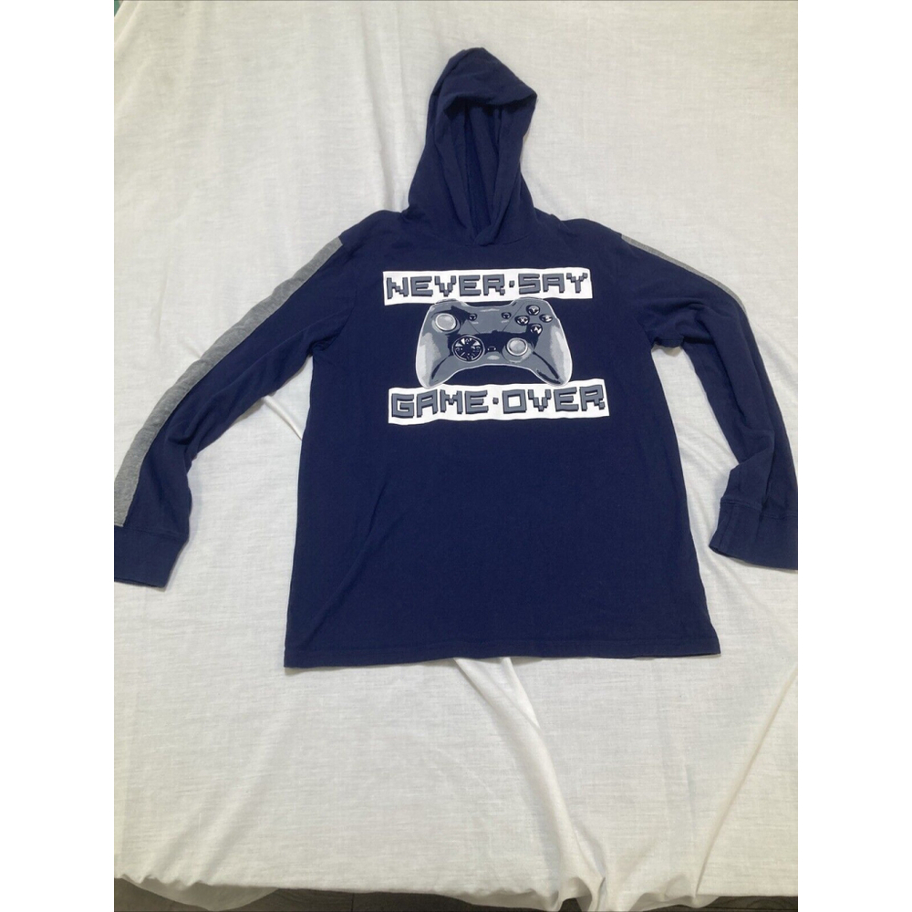 Blue Gaming Long Sleeve Hooded Shirt Yputh XXL Never Say Game Over Play Station